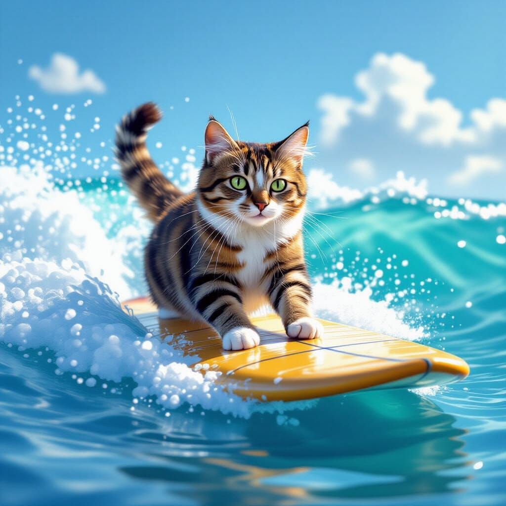 Realistic Digital Art of a Cat Surfing