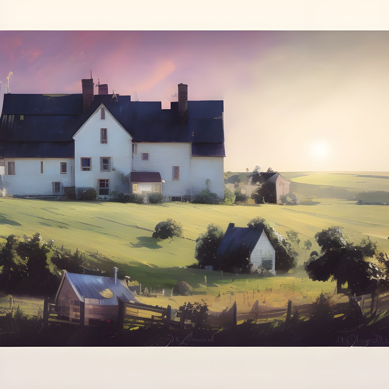 Hyperrealistic Farmhouse Watercolor Painting with Animals