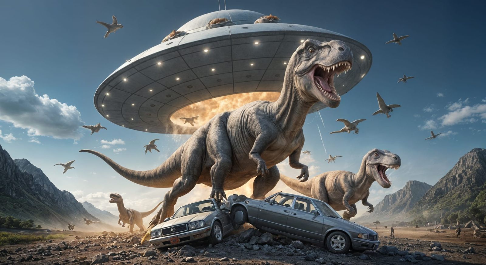 Dinosaurs Emerge From Spaceship, Crush Cars
