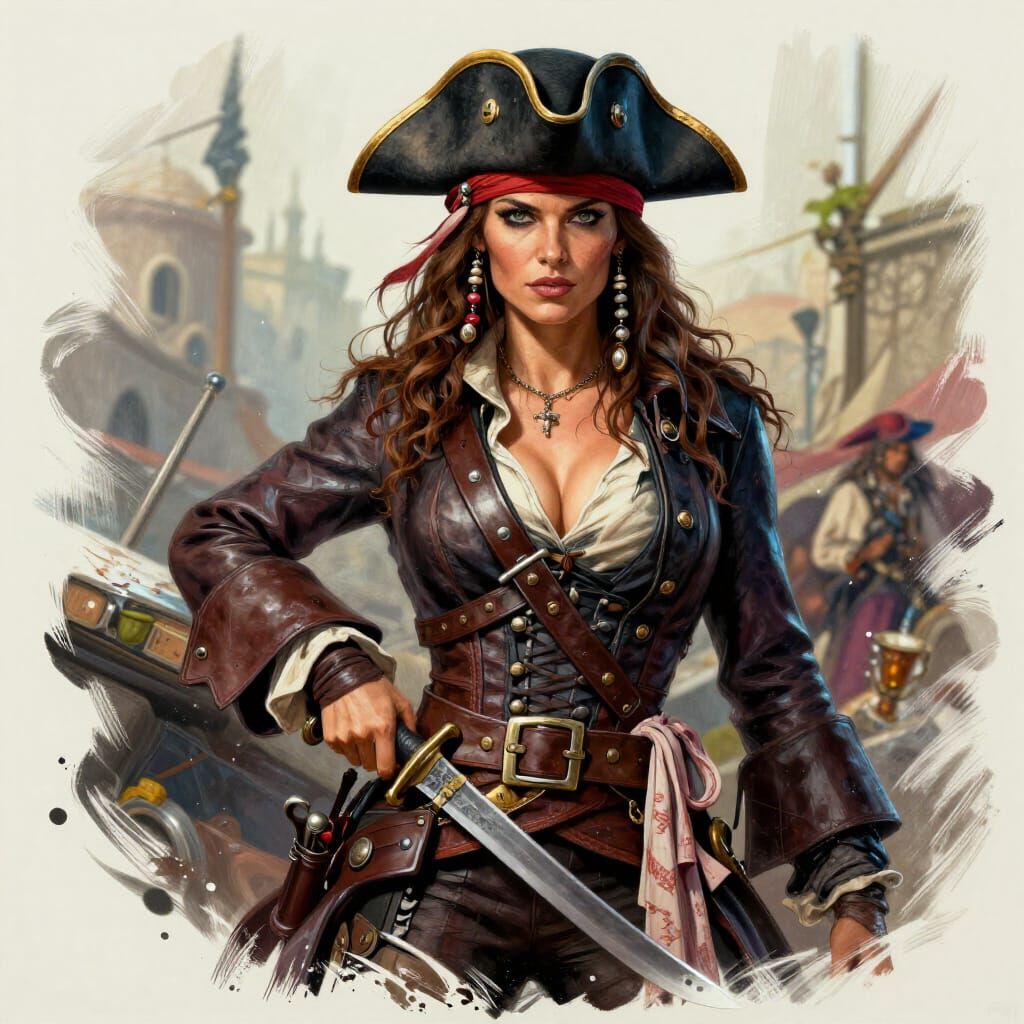 Pirate Woman with Cutlass in Splash Color Sketch