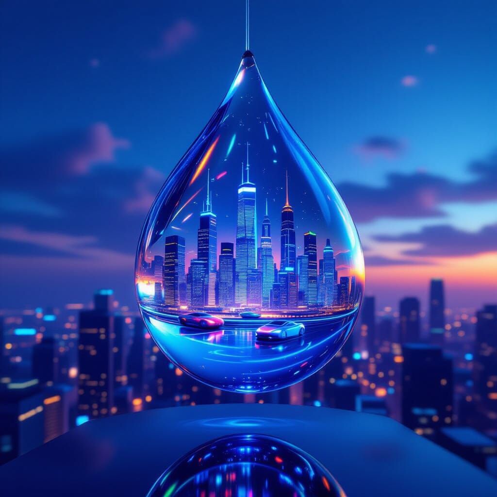 Futuristic Metropolis Inside Shimmering Liquid Droplet