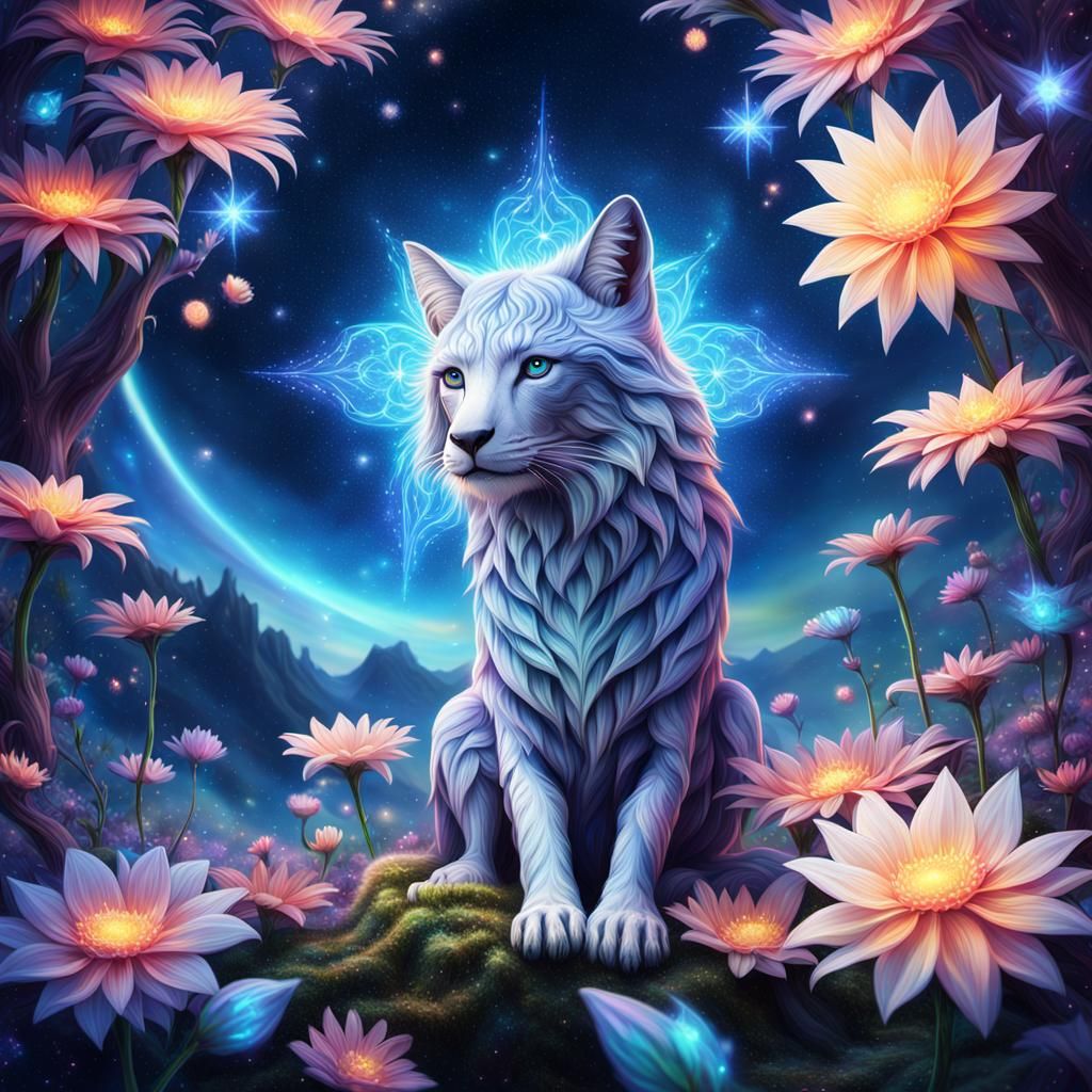 Cosmic Creature on Iridescent Flower in Fantasy Forest