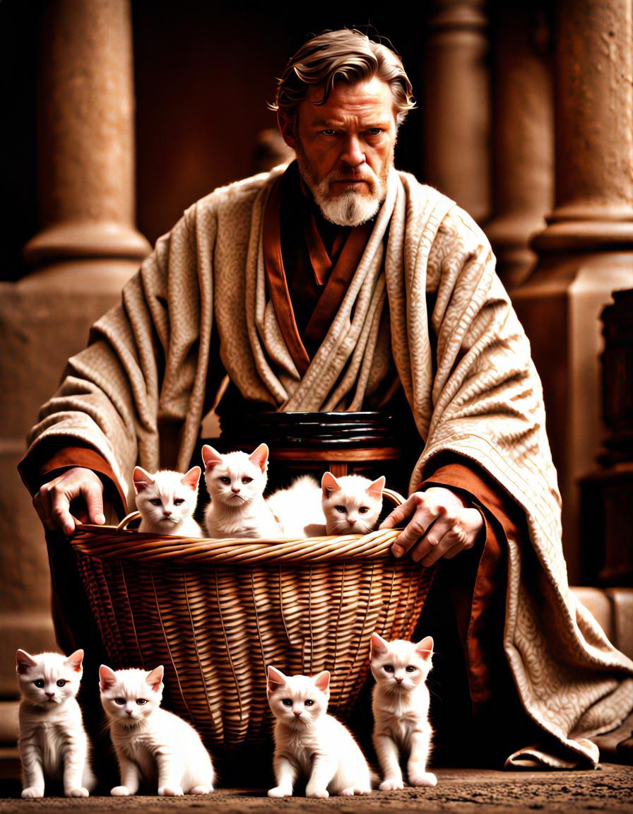 Angry Obi-Wan Kenobi with Kittens in Hyperrealistic Style