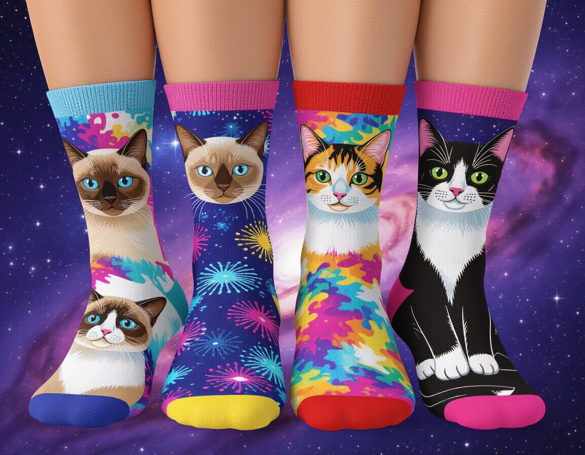 Colorful Socks with Cats in a Galaxy Background