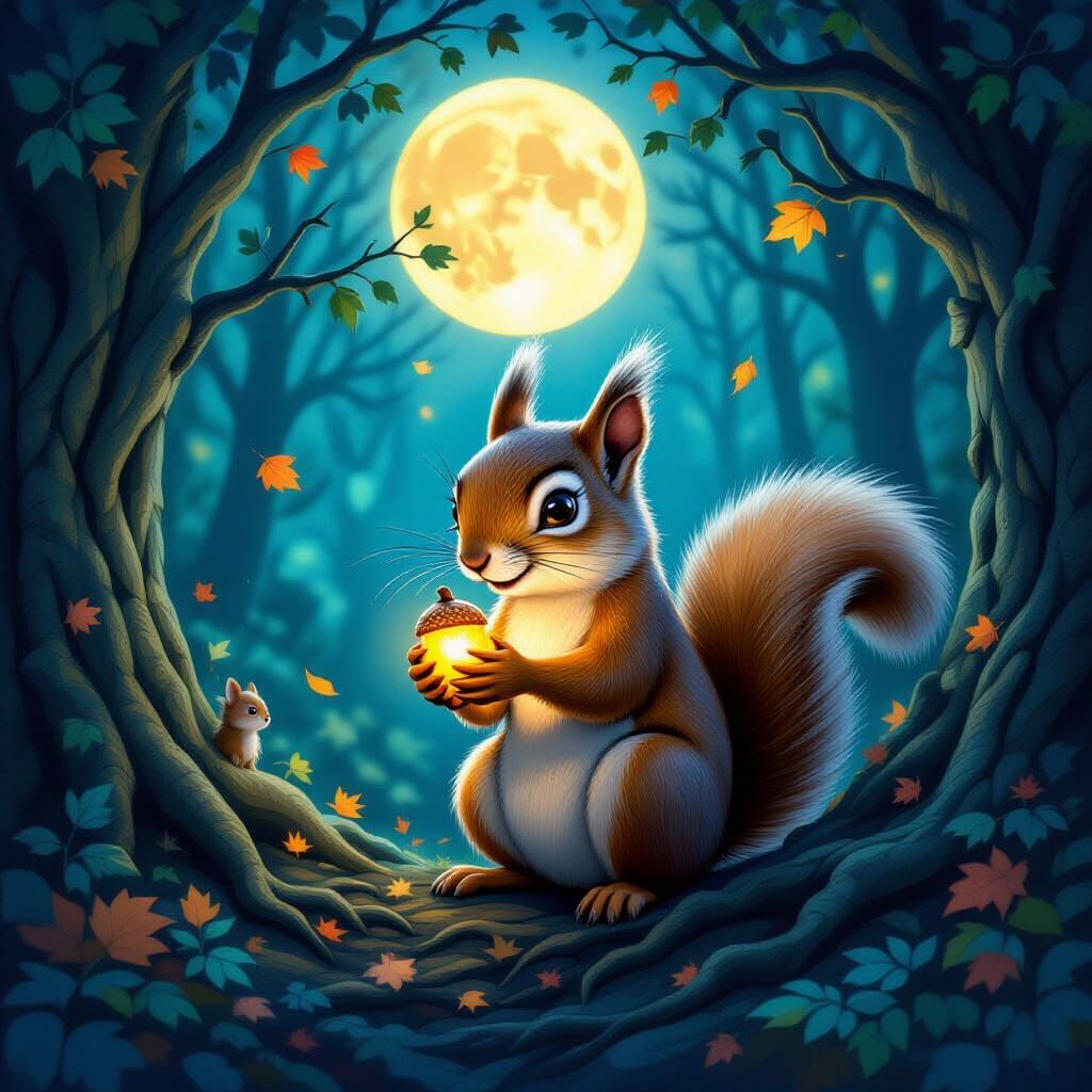 A mischievous squirrel beneath a glowing moon, clutching a g...