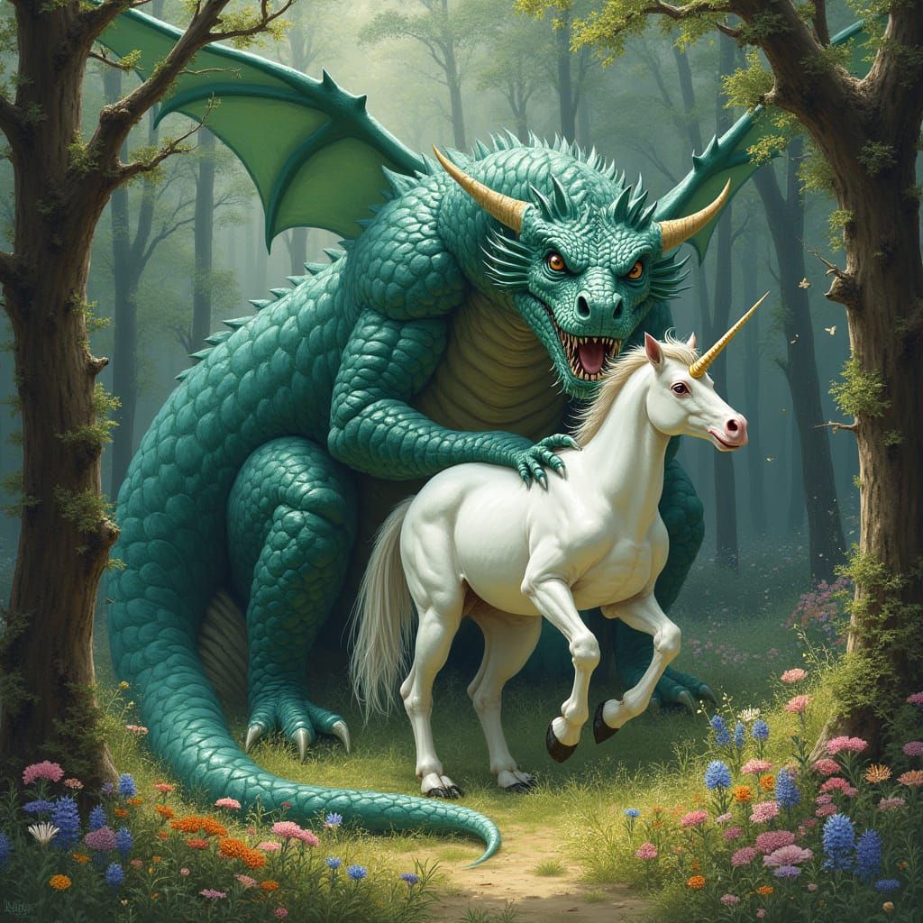 Dragon Devours Unicorn in Whimsical Forest Glade