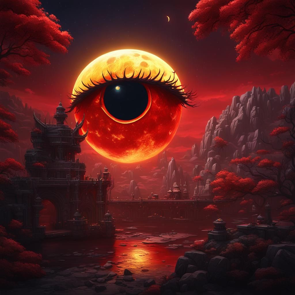 Giant Yellow Eye and Red Moon Fantasy Art