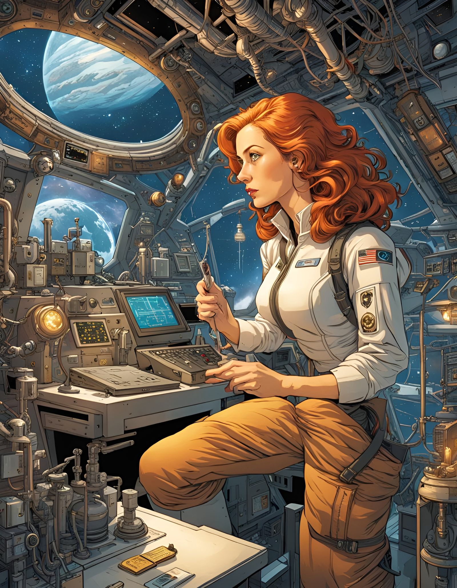 Ginger Researcher in Sci-Fi Space Lab Comic Illustration
