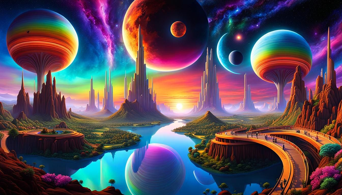 Exotic Alien Planet with Floating City and Waterfalls