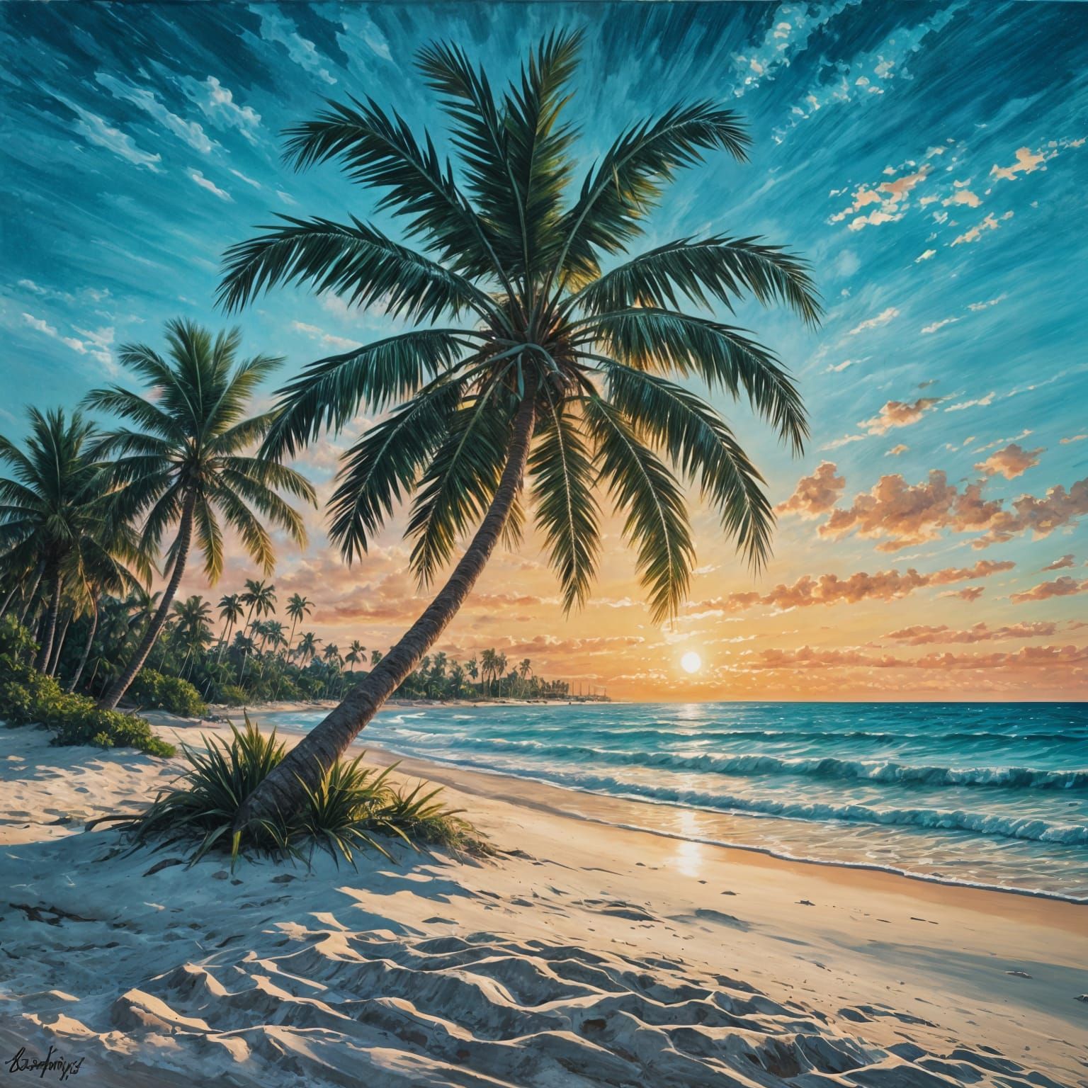 Sunset Palm Trees Oil Painting on Beach