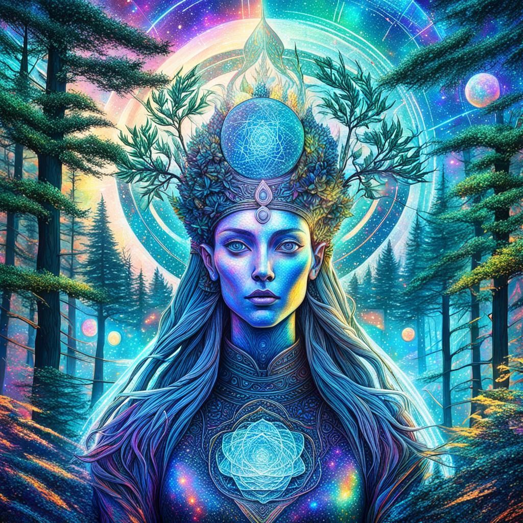 Cosmic Forest Illustration in Pablo Amaringo Style