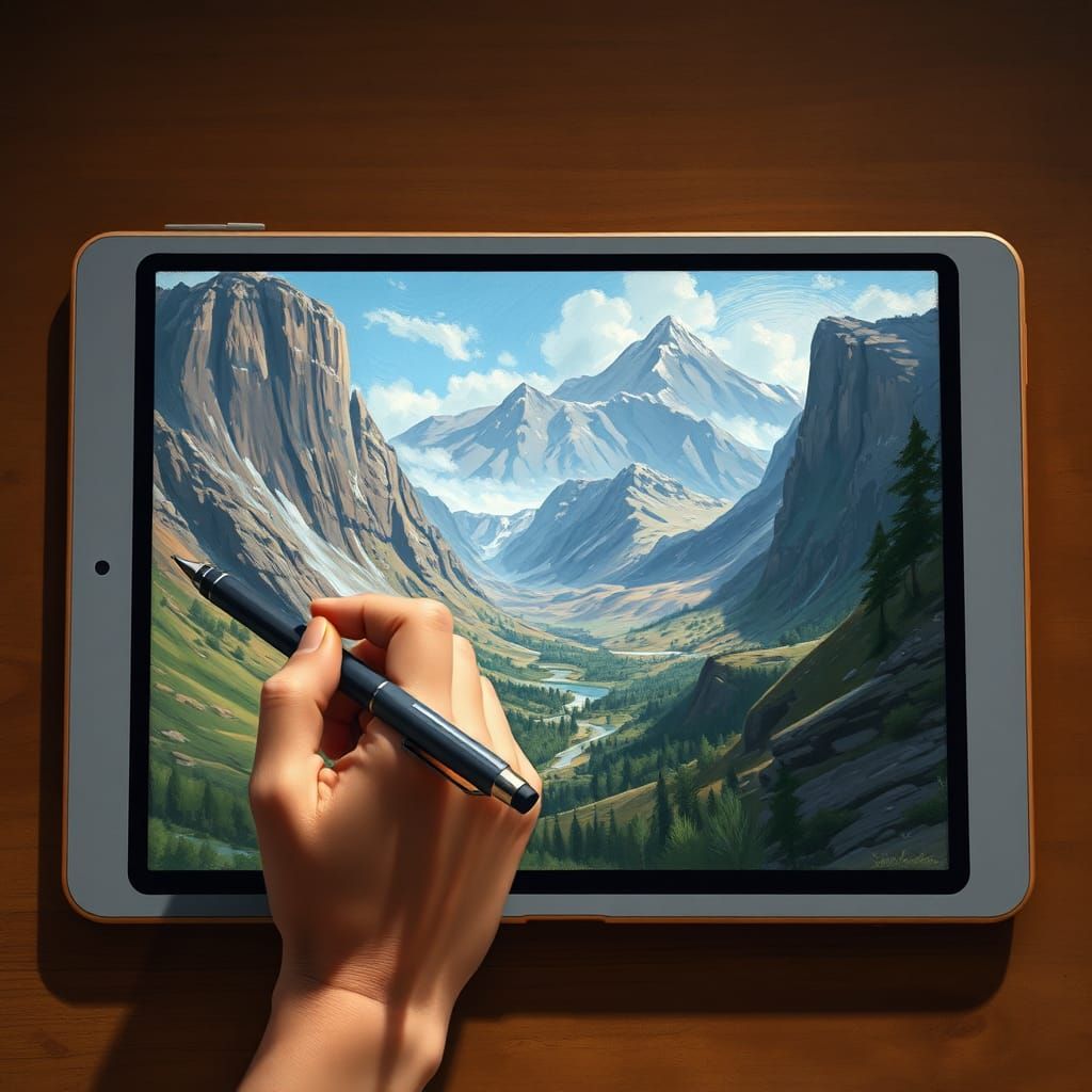 Vibrant Mountain Landscape in Oil Painting Style