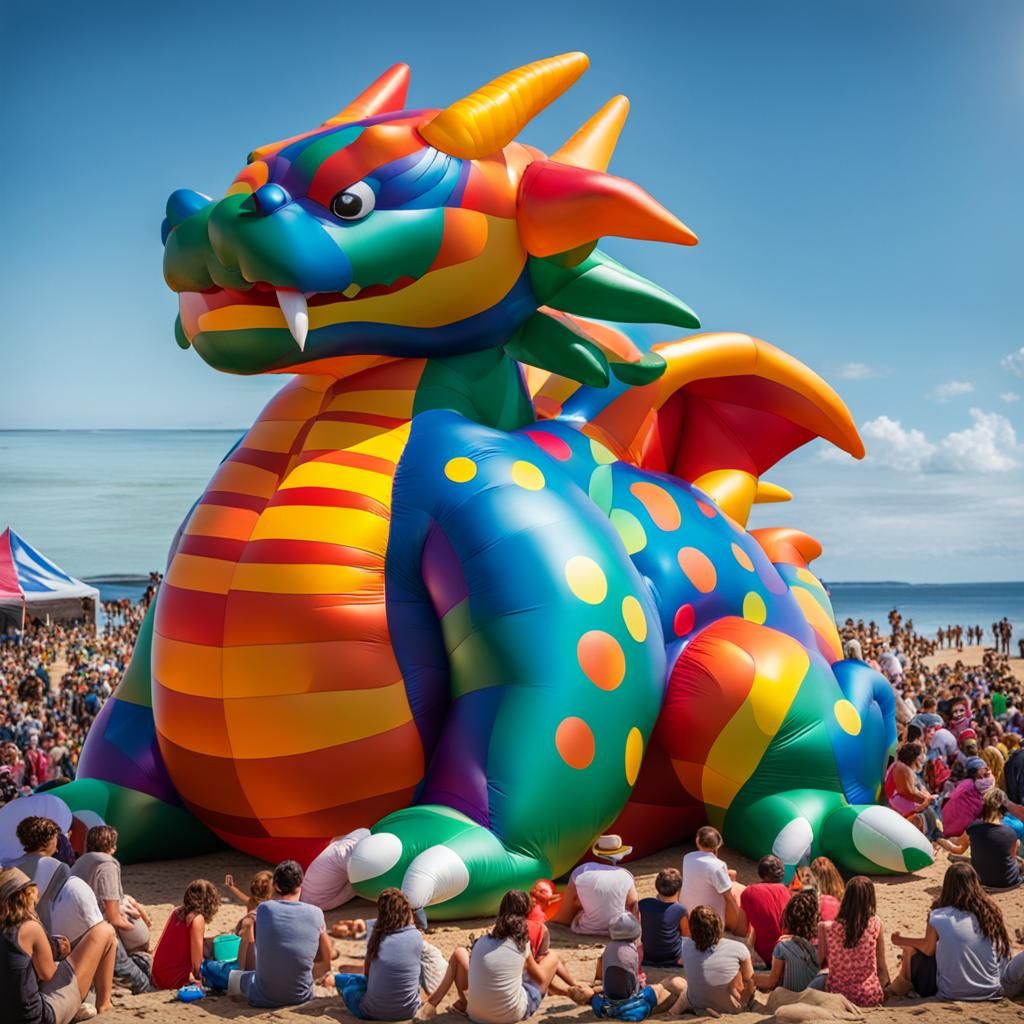 Colossal Inflatable Dragon on Crowded Beach