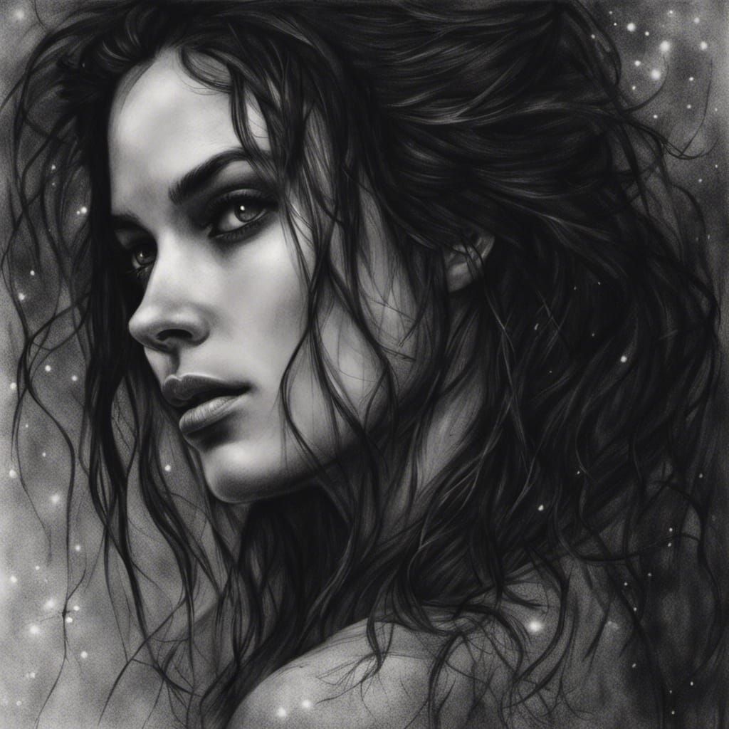 Charcoal Drawing: Woman Under Lightning Stars