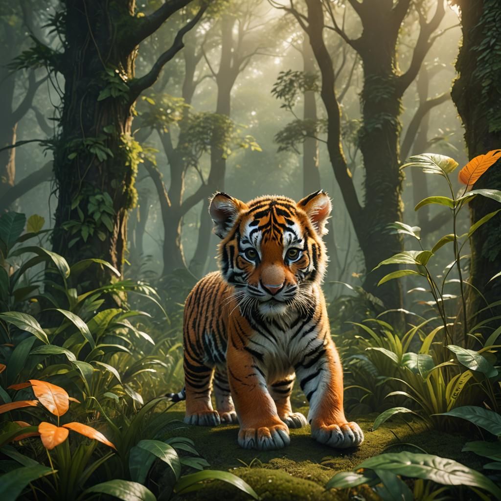 Adorable Baby Tiger Playing in Lush Forest