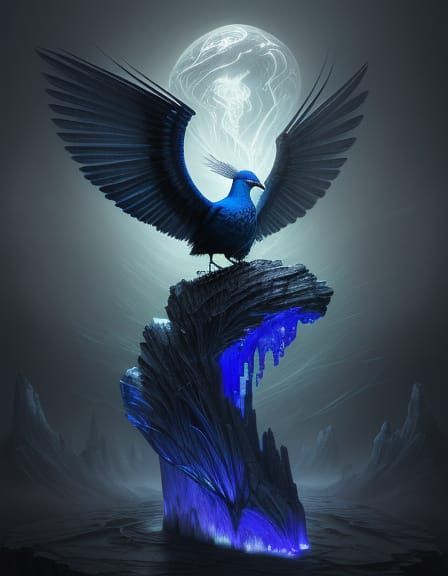 Surreal Lapis Lazuli Bird on Heart, Ethereal Faces Emerge