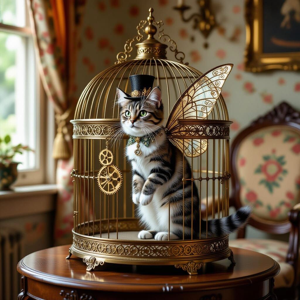 Victorian Parlor With Feline Fairy In Birdcage