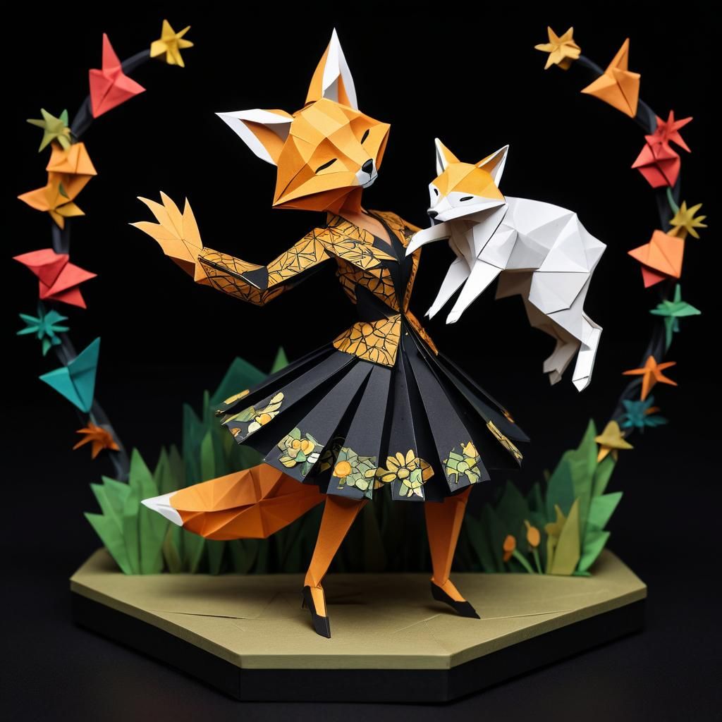 Origami Lady Dancing with Fox: Naive Art