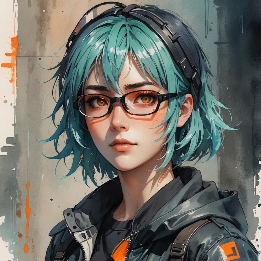 Aqua-Haired Girl in Watercolor Pastel Anime Style