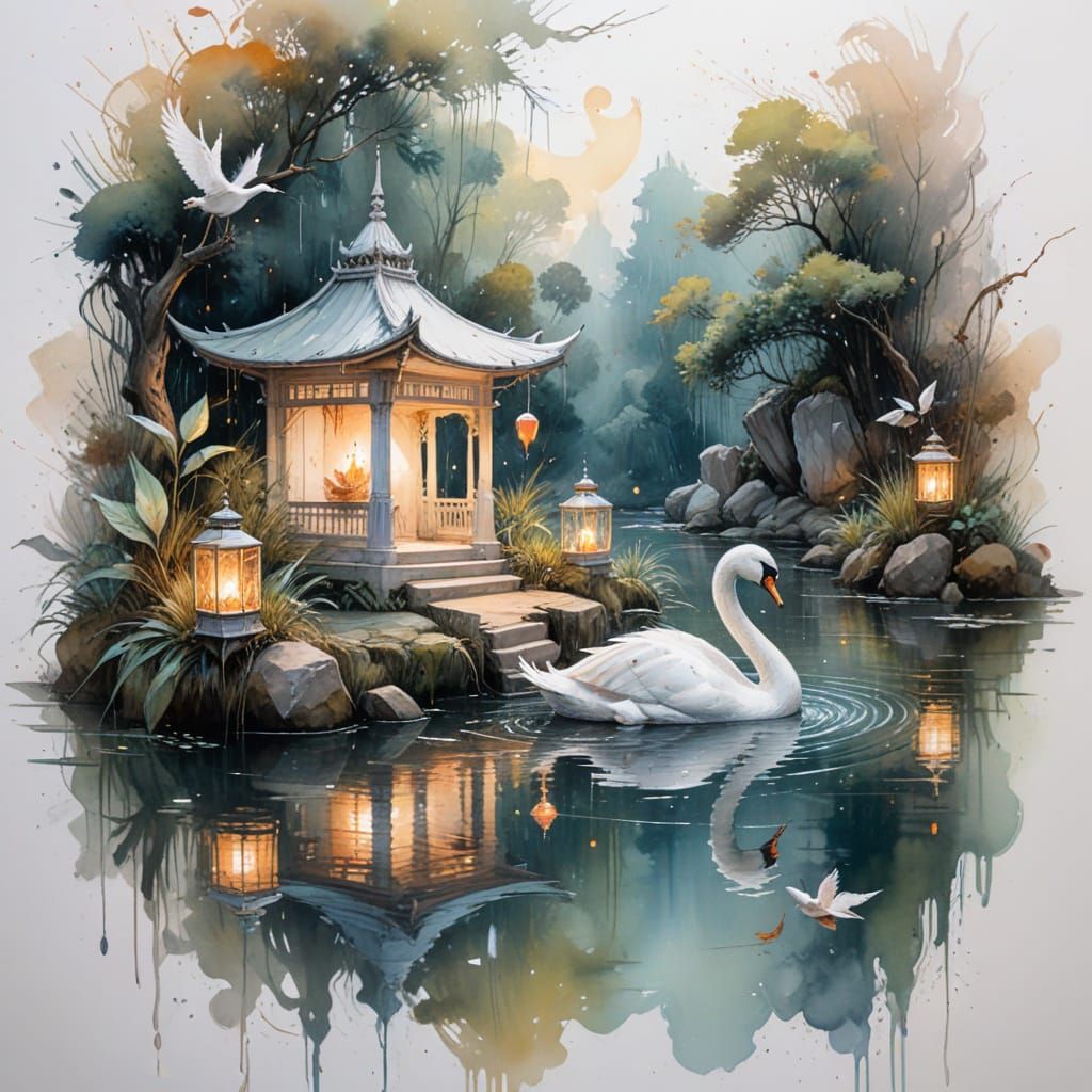 Tranquil Riverscape with Lanterns and Swan in Soft Watercolo...