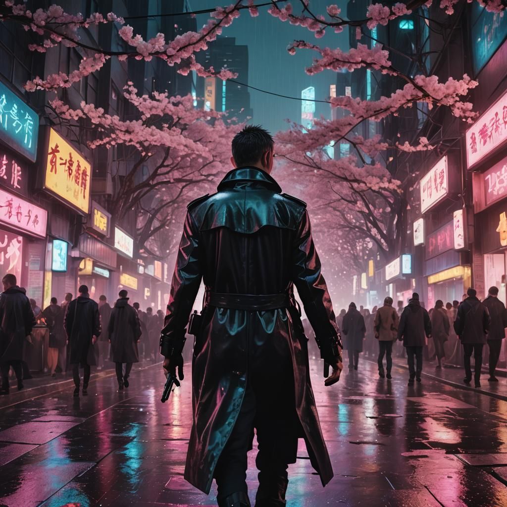 Cyberpunk Hacker in Cherry Blossom Cityscape