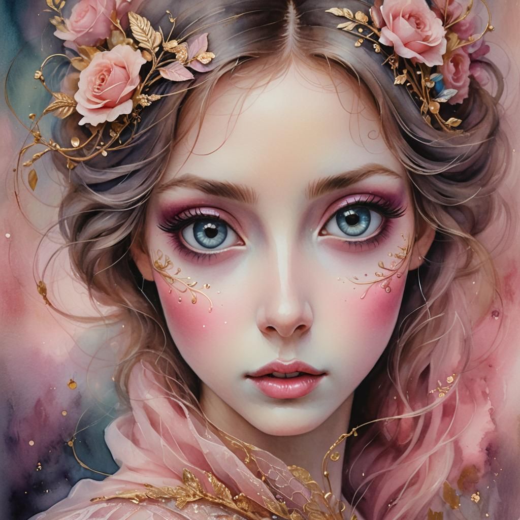 Romantic Fairytale Portrait in Watercolor Style