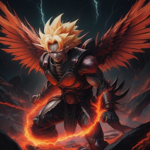 Super Saiyan Power Up with Fiery Aura and Dragon Wings
