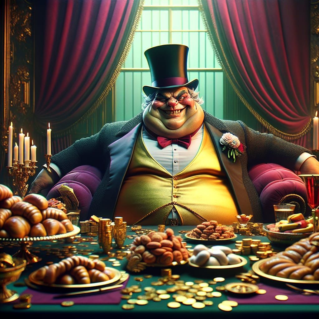 Cartoon Fat Cat Banker Lounging in Opulence