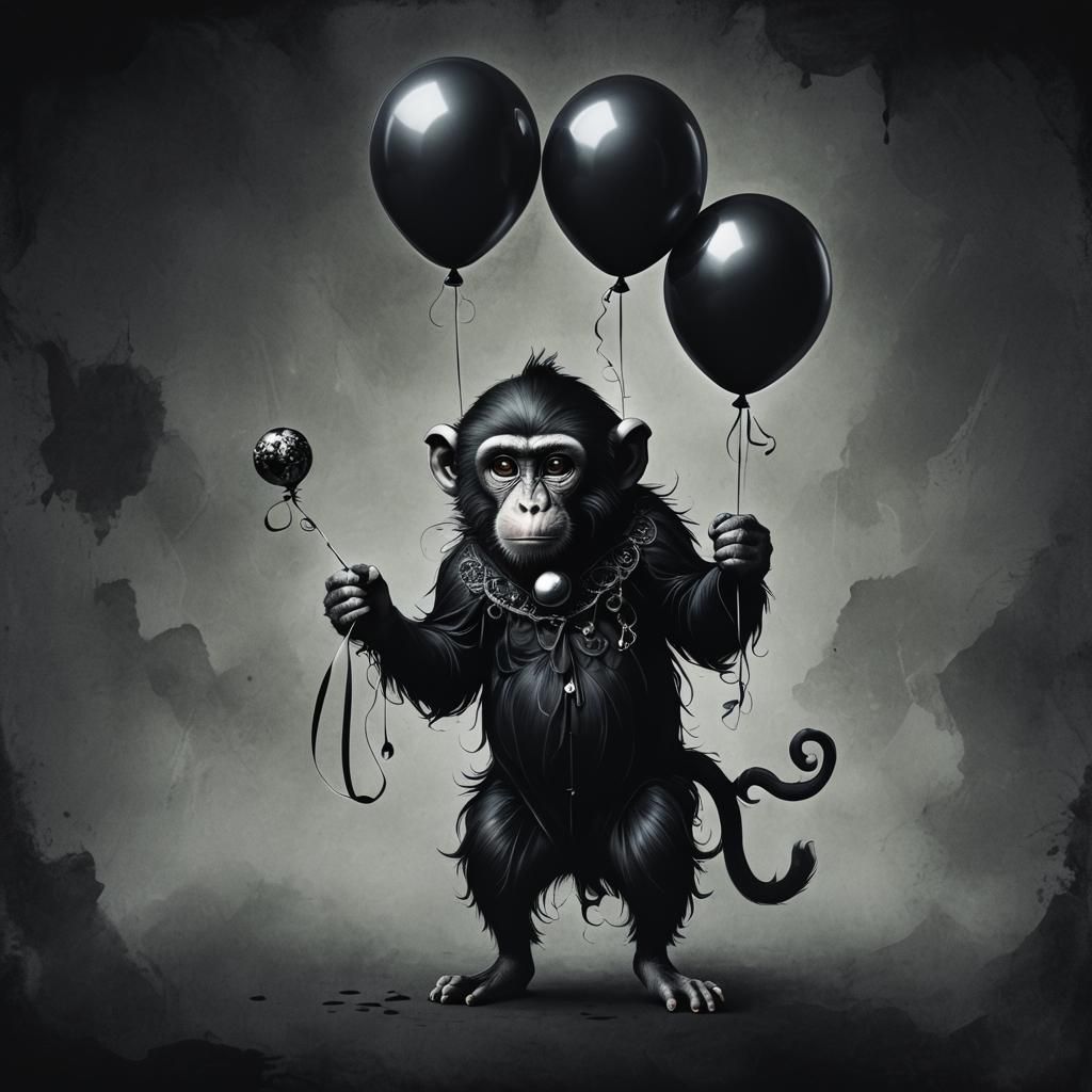 Gothic Monkey with Balloon in Surreal Double Exposure