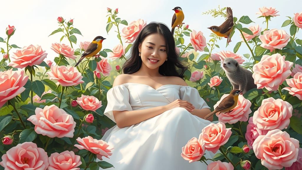Asian Woman in Lush Rose Garden, Dreamy Art Style