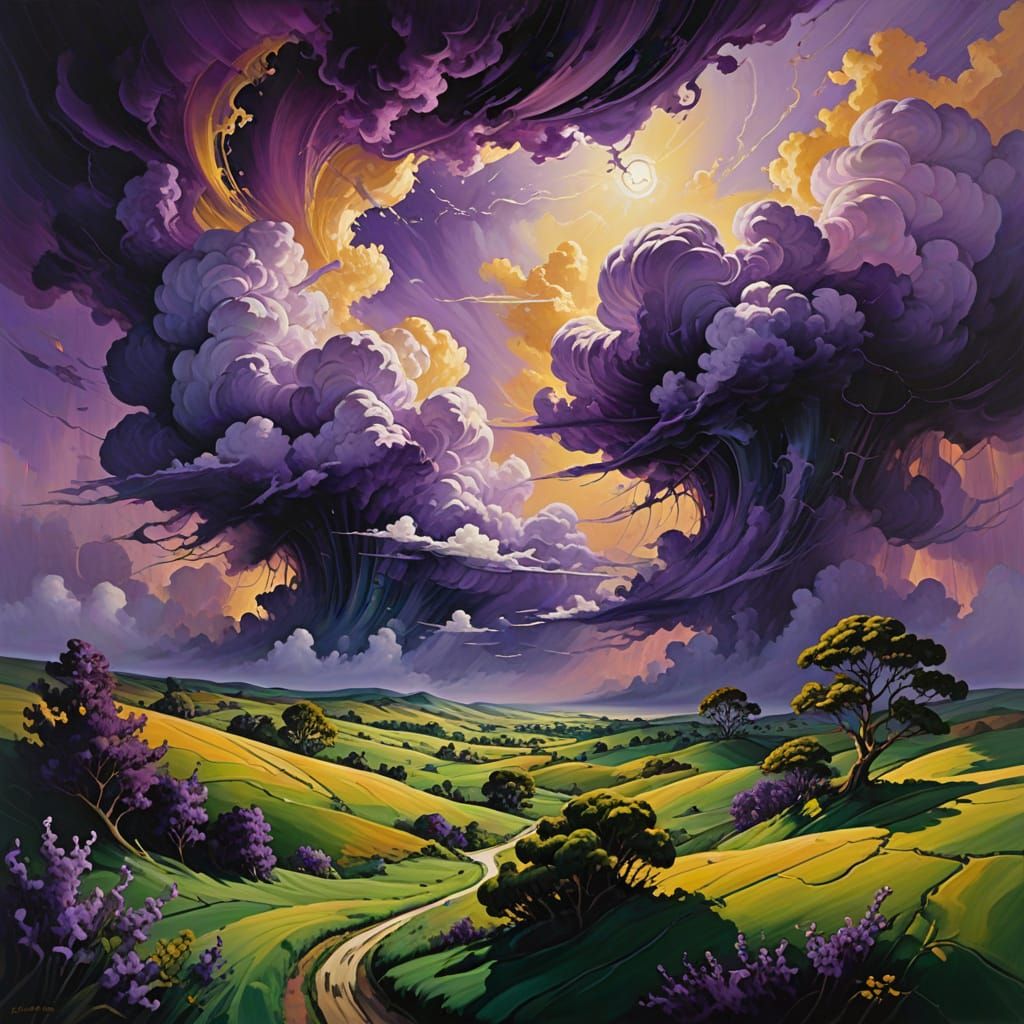 Surreal Oil Painting of Eerie Landscapes and Swirling Clouds