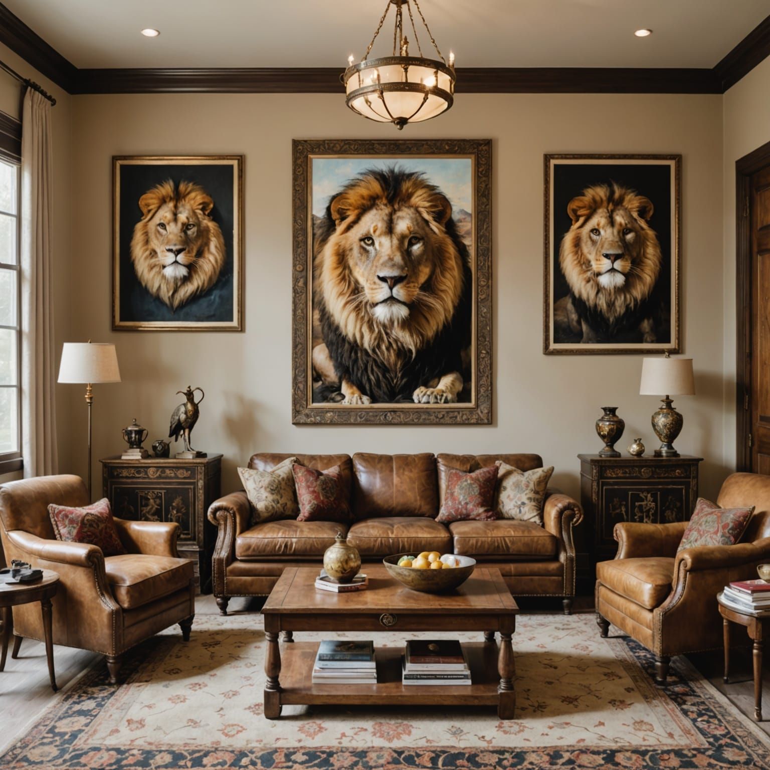 Simple Living Room with Animal and Royal Portraits