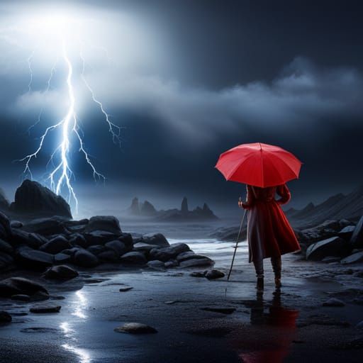 Woman in Red Umbrella Walks Through Thunderstorm