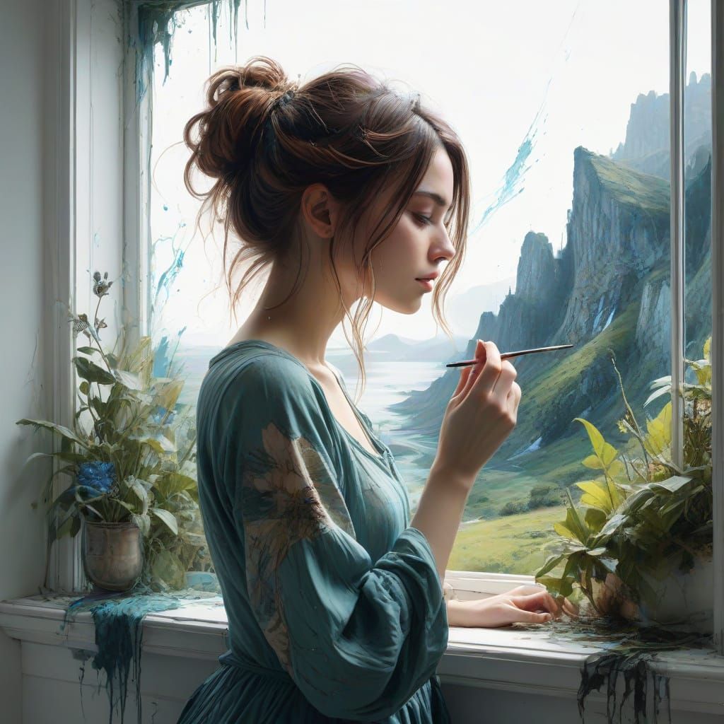 Whimsical Landscape Views Out a Window in Enchanting Digital...