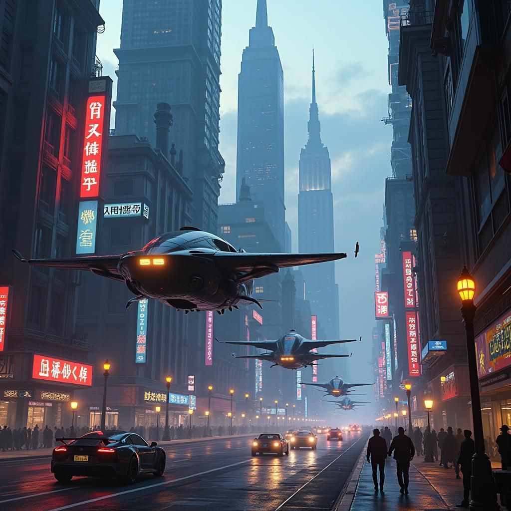 Cyberpunk Cityscape with Flying Cars at Dusk