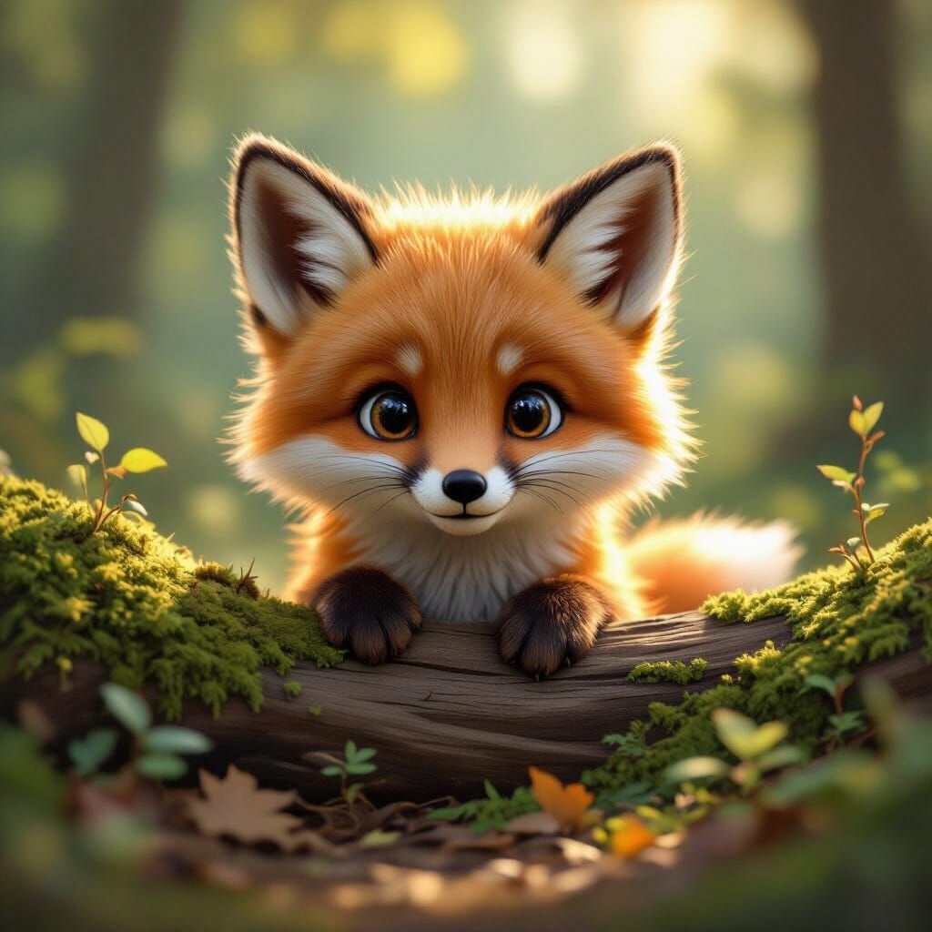 Fluffy Baby Fox in Sunlit Forest