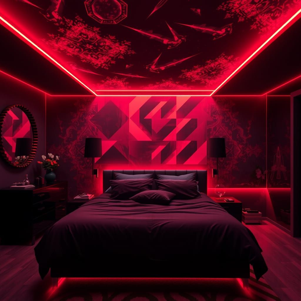 Dramatic Bedroom with Red Neon Lights in Cyberpunk Style