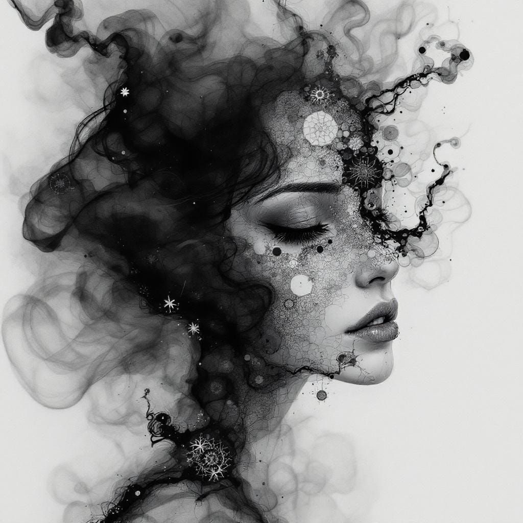 Depressed Woman: Intricate Calligraphy Ink Portrait