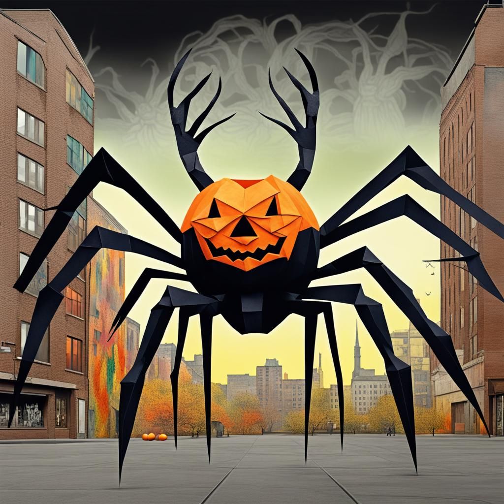 Giant Jack o lantern origami Black spider kaiju creature with antlers, black jackalope, in an urban city drea...