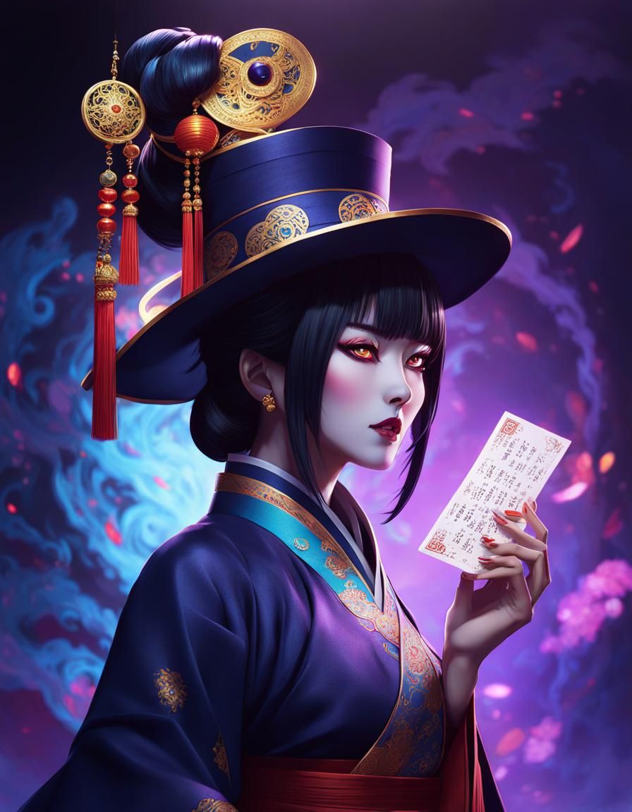 Ghostly Jiangshi with Talismans in Anime Style