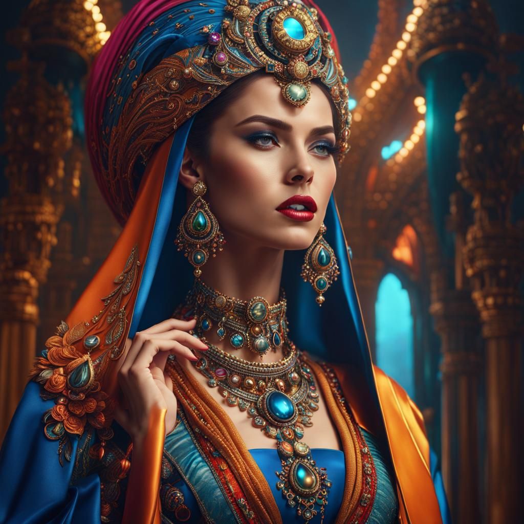 Beautiful Woman in Futuristic Jewelry: Hyperrealistic Portra...