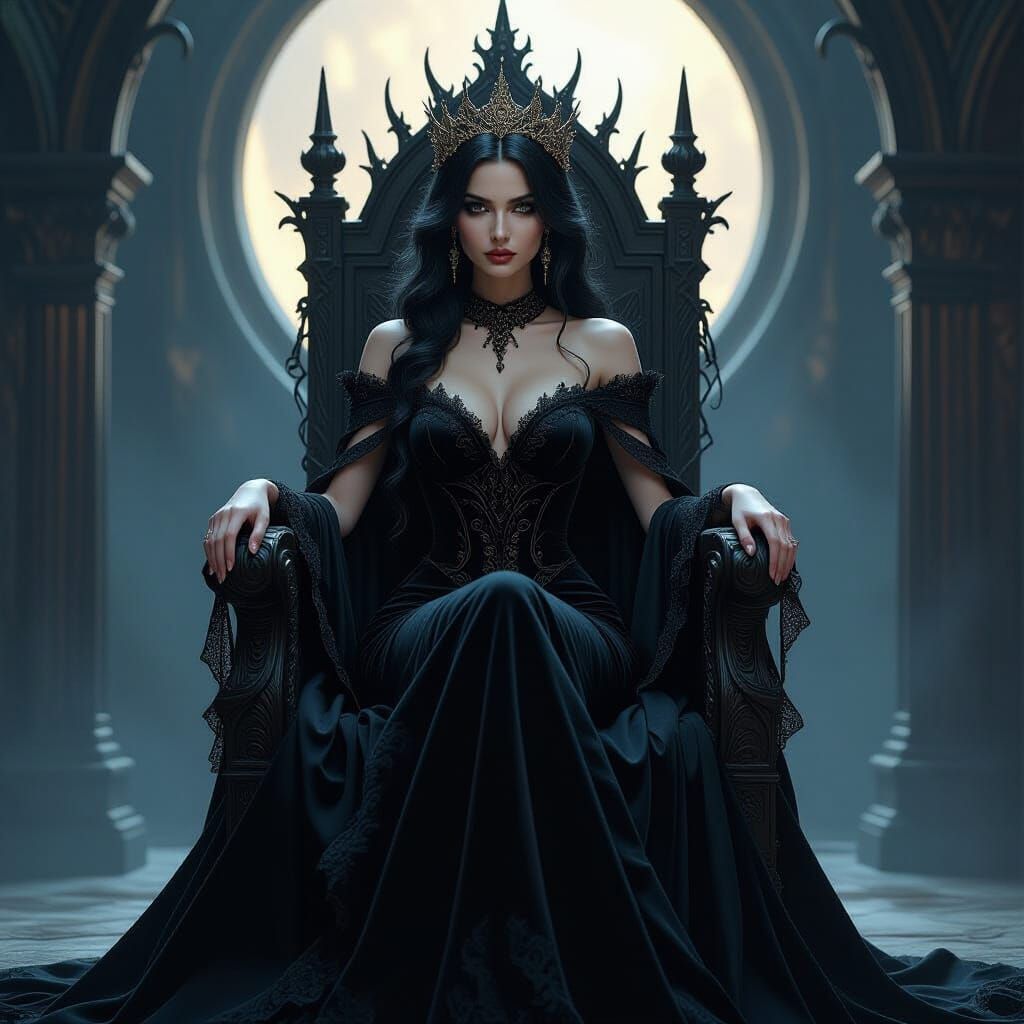 Sorceress on Throne in Ethereal Moonlight