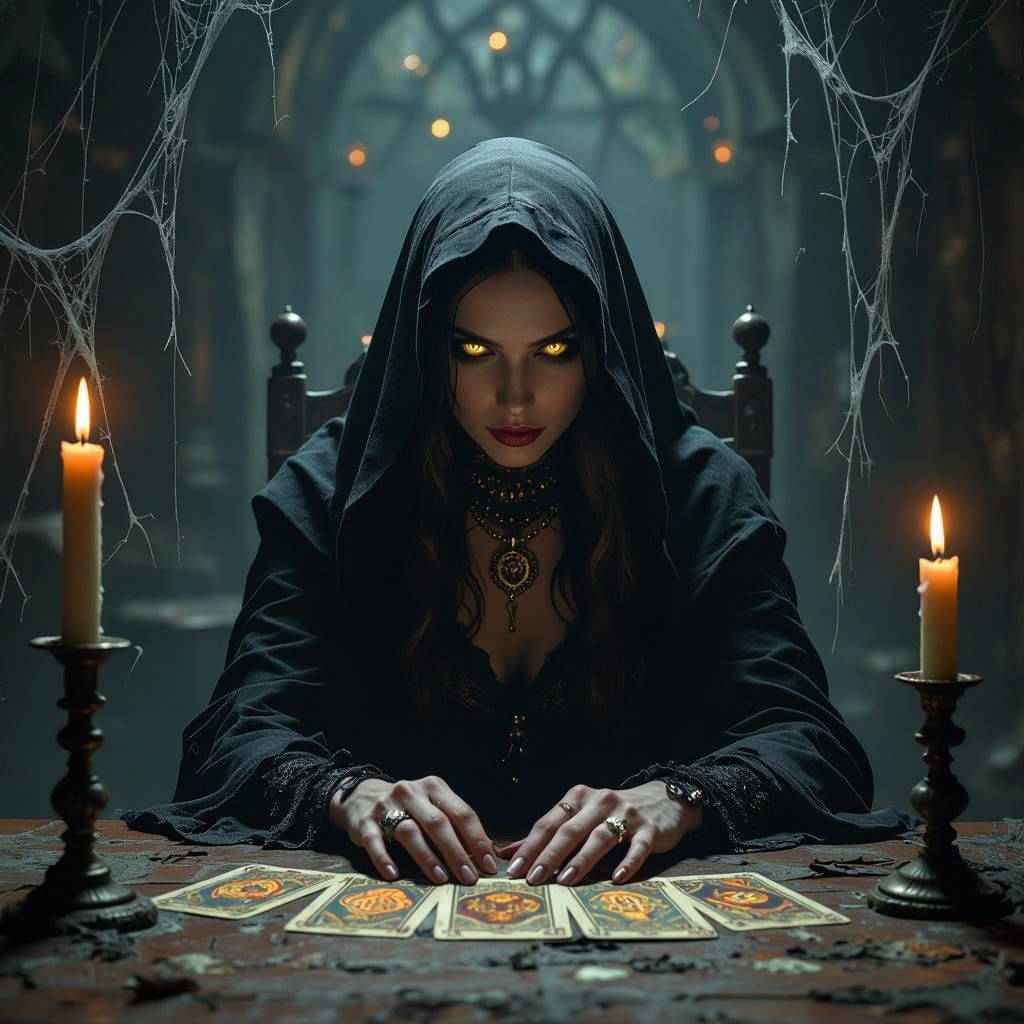 Mysterious Tarot Reader in a Haunting, Gothic Chamber