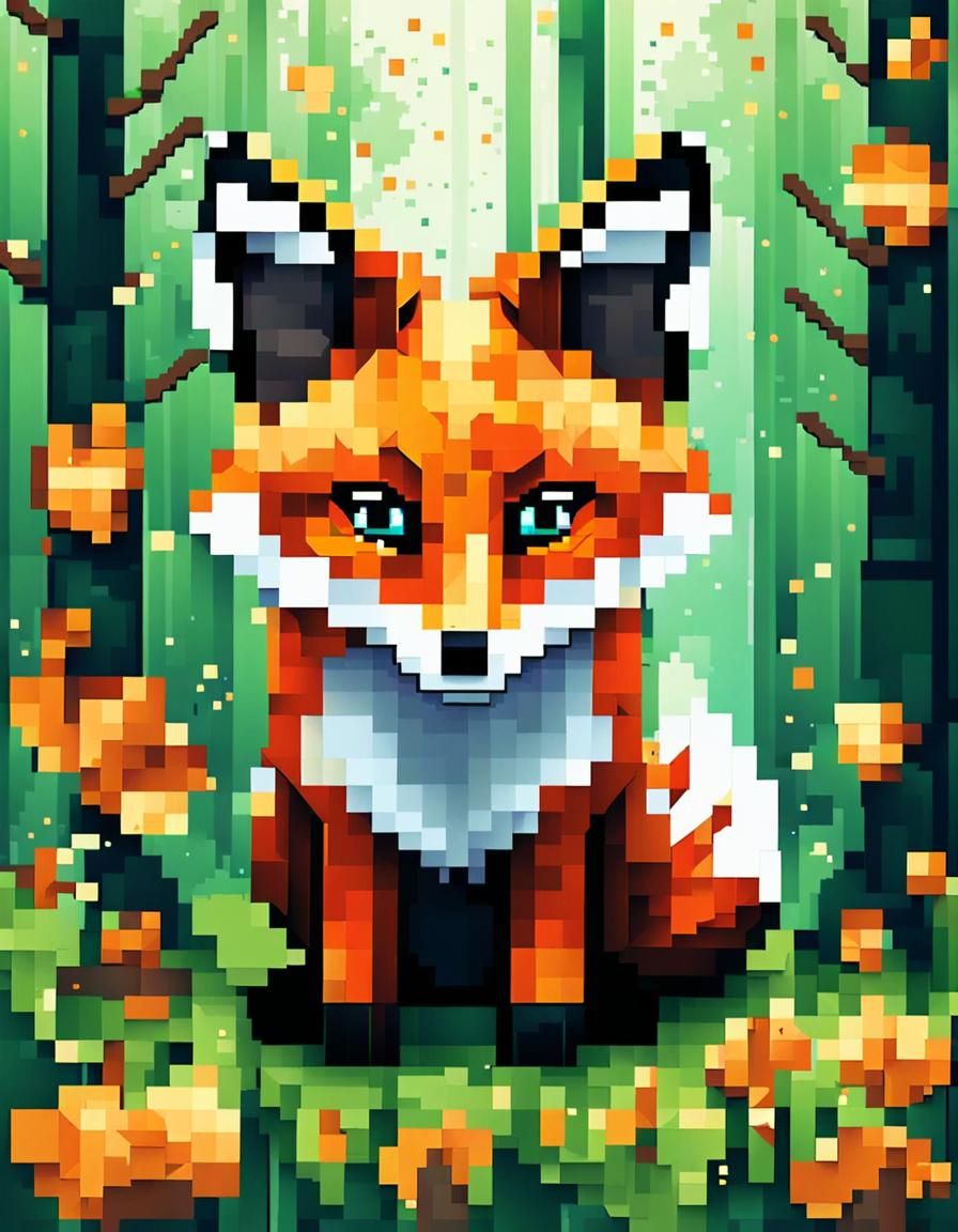 Cute Pixel Fox Portrait in Digital Fairy Forest