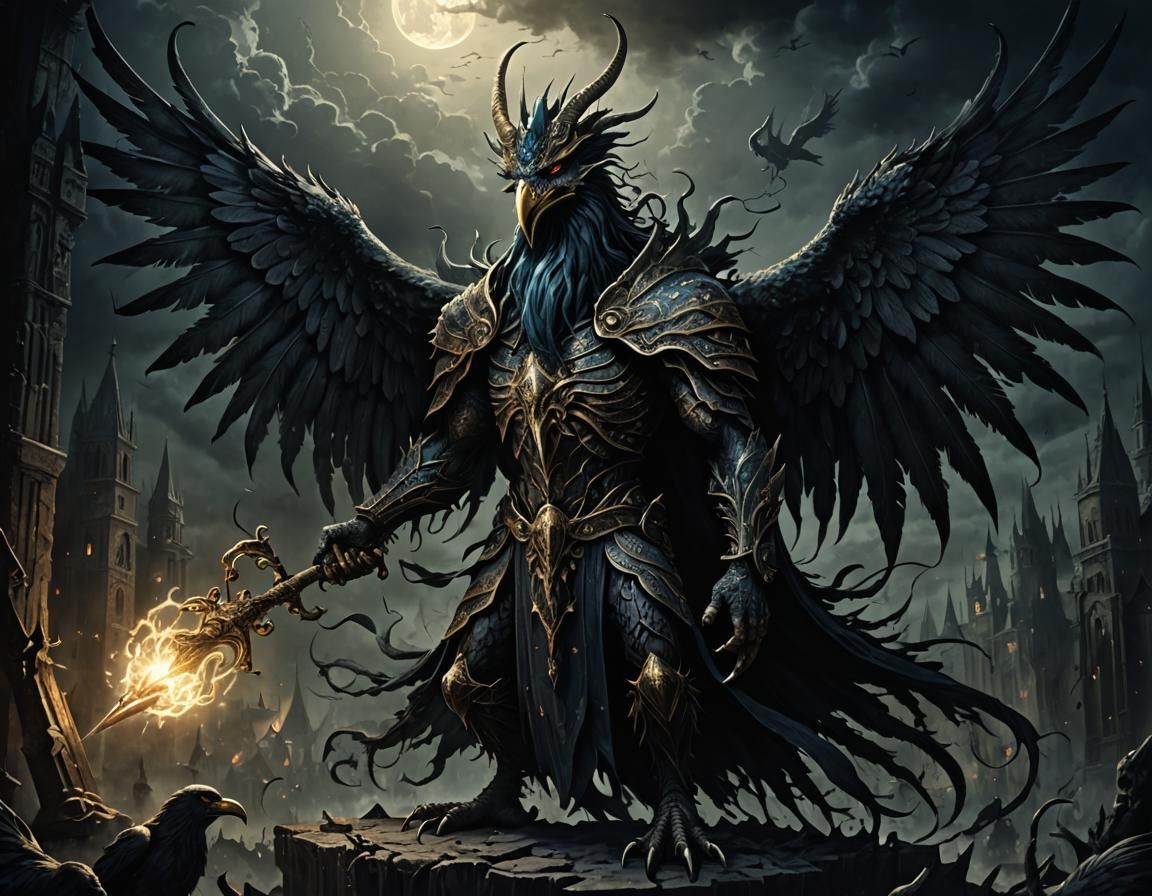 Twisted Bird Daemon with Magical Scepter: Doré-Inspired Art