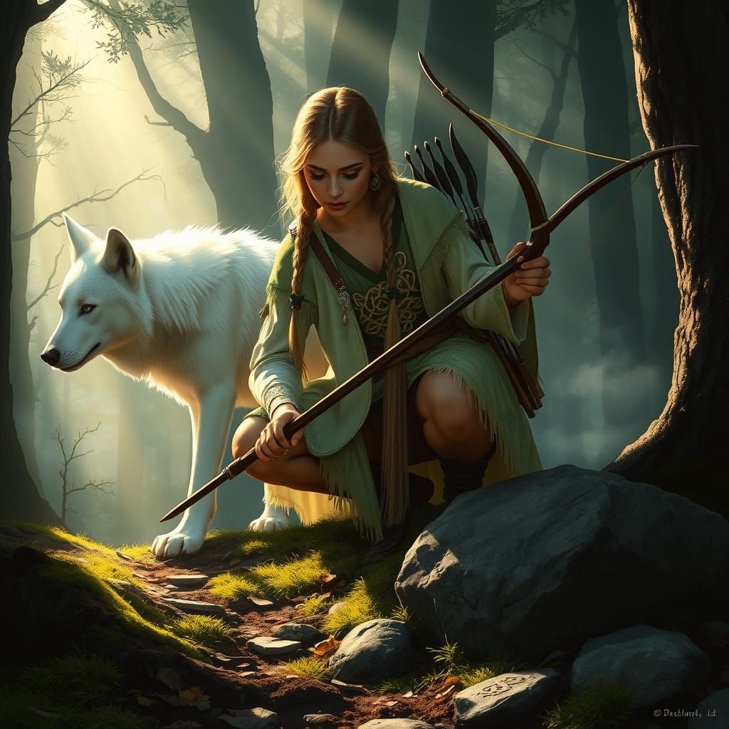 Celtic Huntress Inspecting Tracks in Forest