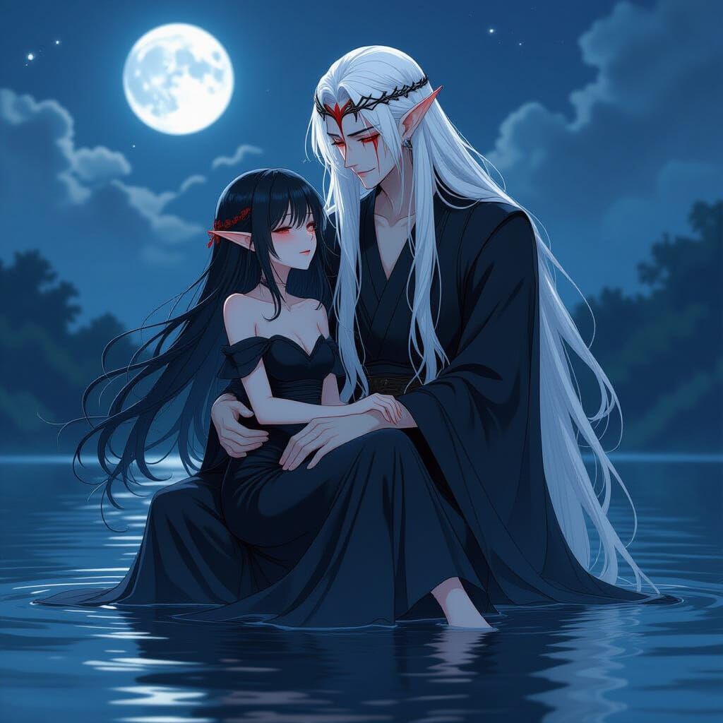 Anime Girl and Elf in Moonlit Scene