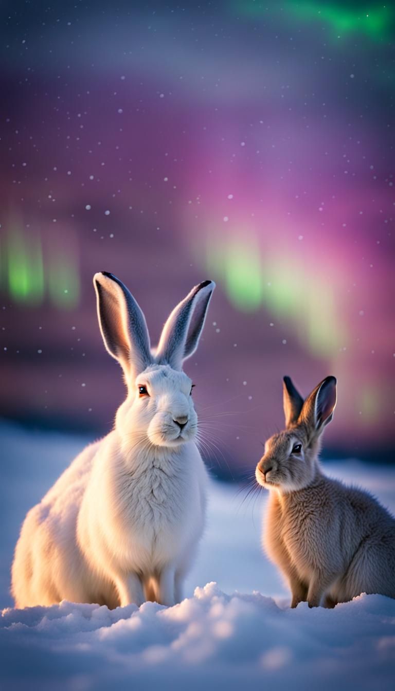 Winter Landscape with Hare Family and Northern Lights