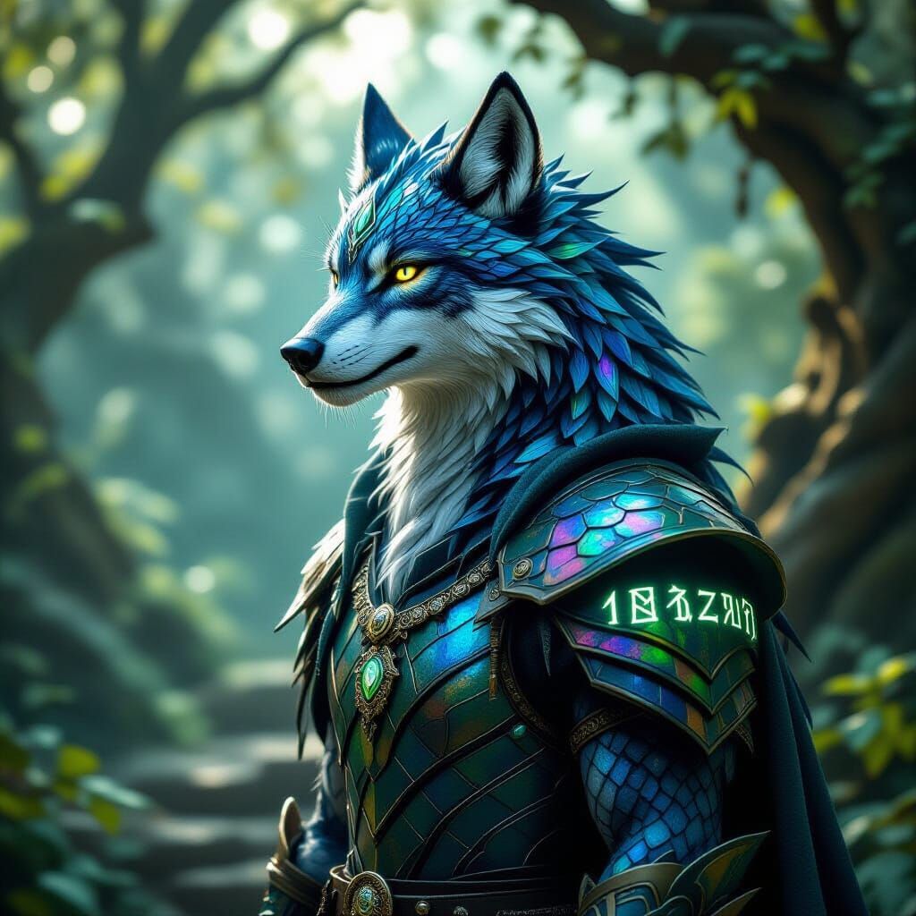 Dragon-Wolf Guardian with Glowing Runes in Ethereal Light