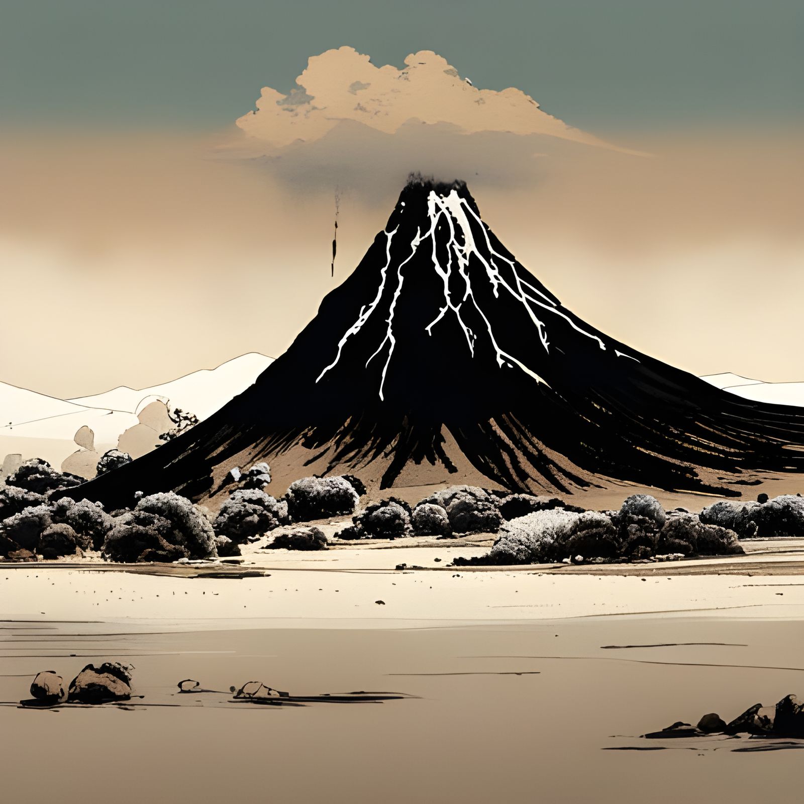 Serene Japanese Volcano in Beige Ink Style